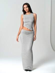 TRNVIE Knitted Elastic Crew Neck Asymmetrical Hem Tank Top & Ruched Bodycon Maxi Skirt Women 2 Pieces Set - Grey - View 1