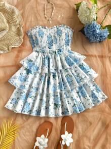 Soleia Vestido corto de estilo princesa con volantes multicapa y estampado floral romántico para vacaciones, Día de San Valentín, vestido de mujer, atuendos de vacaciones para mujer, vestido de cumpleaños para mujer, Mardi Gras, vestido formal para mujer