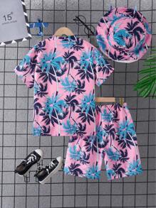 3 件套男童休闲夏季度假风格短袖纽扣衬衫、百慕大短裤和帽子套装 - 粉色 - 查看 2