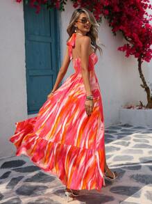 Vivid Eden Spring/Summer Beach Vacation Picnic Party Date Romantic Pink Tie Dye Print Halter Neck A-Line Cinched Waist Split Hem Flowy Dress Spring And Summer Outfits, Summer Clothes, Valentine Day, Vacation Outfits Woman, Beach Outfits For Woman, Festival, Romantic And Elegant Clothing, Bohemian, BOHO, Sweet, Rave Outfits Festival, Tropical Vacation Woman Clothes, Carnival - Pink - View 2