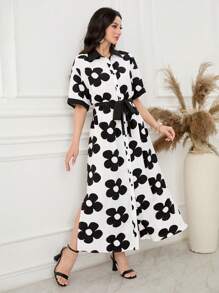 Lacomfia Women's Woven Printed Contrast-Color Button Waist Long Sleeve Dress - Black - View 5
