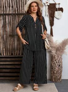 EMERY ROSE 2pcs/Set Plus Size Front Button Short Sleeve Stripe Top And Pants Set,Vacation Outfits Woman,Boho For Women
