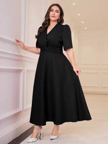 Modelyn 大码女式纯色泡泡袖扭腰优雅连衣裙 - 黑色 - 查看 8