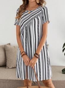 EMERY ROSE Women Striped Round Neck Short Sleeve Casual Straight Mini Dress - Multicolor - View 6