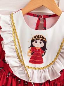 SHEIN Kleine Mädchen Olivgrüne Abaya Kaftan Jalabiya Outfit im Mittleren Osten-Stil für Ramadan, Kleid mit Blümchen Weitrock und Bibform, Rüschenkante, bequem und geeignet für Ausflüge mit Tasche, Goldverziertes Band