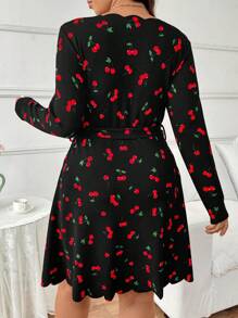 SHEIN Frenchy Plus Size Cherry Print Ruffle Collar Fitted Waist A-Line Dress - Black - View 2