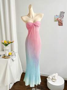 Soleia 渐变色褶皱扭纹抹胸连衣裙，适合度假、音乐节、波西米亚风、节日聚会、下午茶 - 彩色 - 查看 4