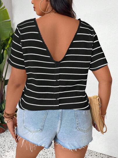 SHEIN Frenchy Plus Size Striped Backside Button Casual T-Shirt, Cool For Summer