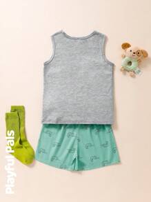 SHEIN 男童简约时尚休闲日常两件套，上衣和短裤 - 彩色 - 查看 2