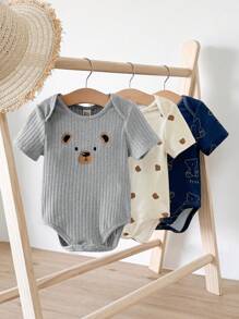 Cozy Pixies 3pcs/Set Newborn Baby Boy Panda Pattern Knitted Soft Crew Neck Short Sleeve Snap-Up Bodysuit - Light Grey - View 3