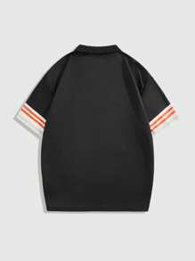 ROMWE MEN Prep 男士纯色拼布短袖印花休闲 Polo 衫 - 黑色 - 查看 2