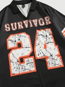 ROMWE MEN Prep 男士纯色拼布短袖印花休闲 Polo 衫 - 黑色 - 查看 3