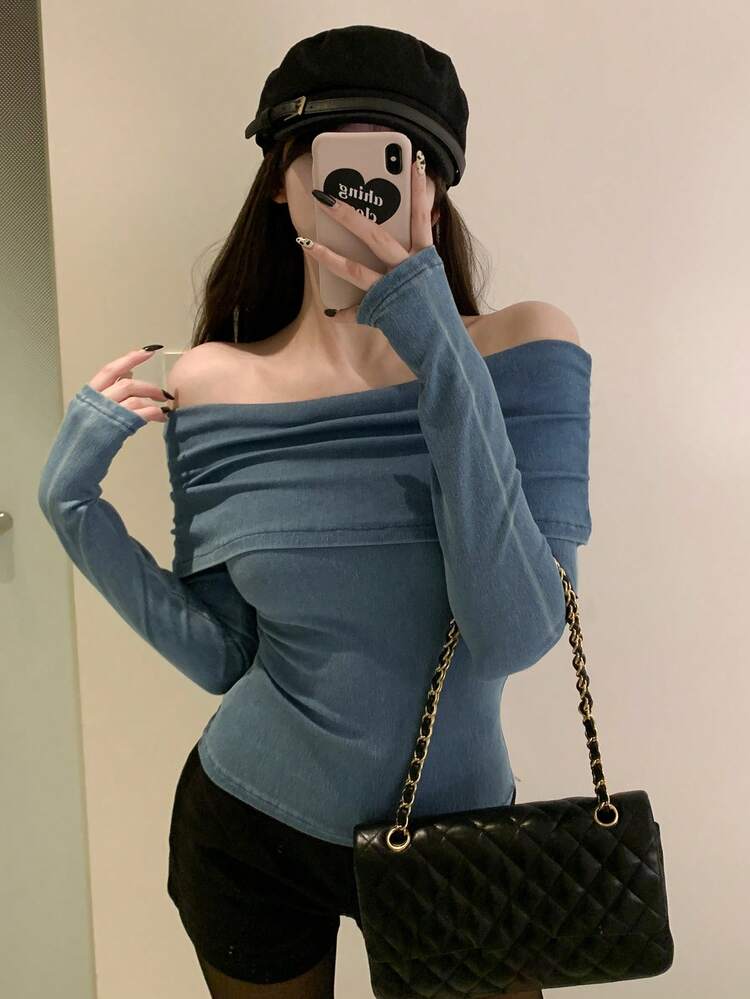 Women's Off Shoulder Long Sleeve Slim Fit Casual Denim Blouse