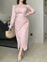 DAZY فستان نسائي بطبعة زهرية على كامل السطح للعطلات والشاطئ، فستان طويل الأكمام للربيع/الخريف