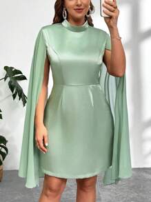 SHEIN Privé Plus Size Elegant Party Solid Color Stand Collar Cape Sleeve Dress - Green - View 5