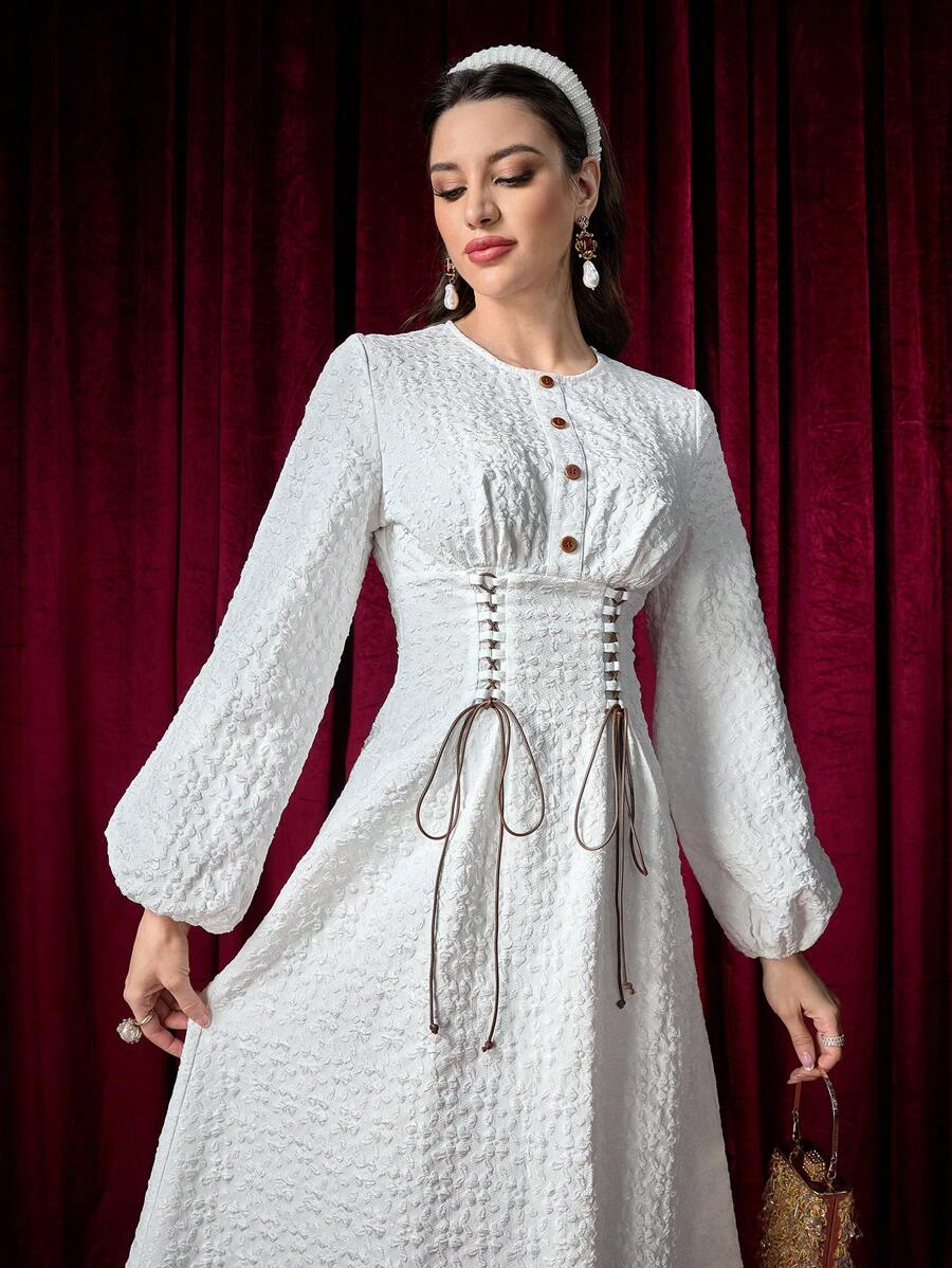 Modelyn Women's Front Button Long Sleeve Belted Elegant Mid-Length Dress - White - View 1
