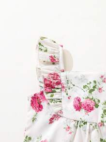 SHEIN Playful Pals 女嬰花卉印花荷葉領無袖連身褲，適合春夏季外出、度假與日常穿著，秋季適用 - 杏色 - 查看 4