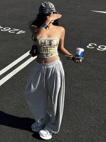 DAZY Women Solid Color Loose Pleated Long Pants, Sports & Casual Sweatpants, Spring Y2k,Women Joggers