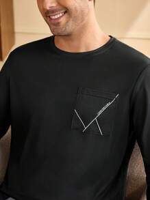 Manfinity Underwear&Sleepwear Basics 男士圆领长袖简约上衣和裤子家居服套装 - 黑色 - 查看 7