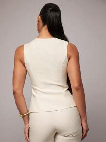 Silquee Women Summer Solid Color Single-Breasted Vest & Pants Suit Office Commuting Set, Autumn/Winter Suit, Spring/Summer Linen Tops + Trousers