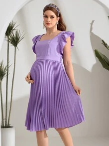SHEIN Casual Square Neck Ruffle Sleeve Pleated Hem Maternity Dress