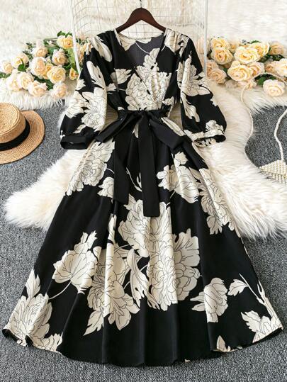 DreamSkyne Court Retro  Plus Size Solid Color Print Cross Neck Short Sleeve Flowy Dress Wedding Day Wedding Guest