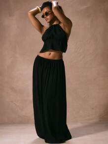 Musera Resort Halterneck Ruched Underbust Floaty Hem Beach Cover Up Cropped Top Vacation Spring Summer Elegant Sexy Ibiza Swim Black