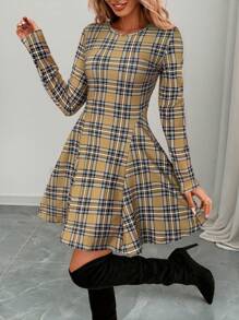 SHEIN LUNE Robe mini évasée à col rond avec imprimé à carreaux, élégante et décontractée, convenant pour l'automne/hiver