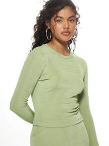 MISSGUIDED Sleek Slinky Two-Piece Co-Ord Set Long Sleeve Crop Top Mini Skirt Matching Set Club Party Evening Casual Spring Summer Fashion Set Christmas - Green - View 5