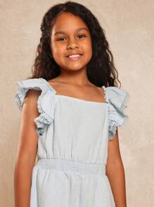 SUMWON Mono con volantes y mangas, con borde de encaje, cintura elástica, para niñas, casual de primavera y verano, ligero, cuello cuadrado, para fiestas, playa, vacaciones, Pascua y otras ocasiones