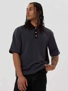 Musero Short Sleeve Drop Shoulder Oversized Contrast Button Placket And Collar Detail Button Up Polo Winter Layering - Multicolor - View 1