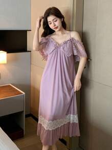 DAZY Romantic Patchwork Waist Exposed Shoulder Women Nightgown
