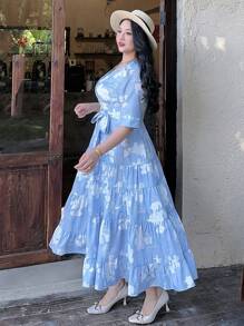 Dazy Petite Plus Plus Size Blue Floral Print V-Neck Cinched Waist Long Dress, Spring/Summer - Blue - View 3