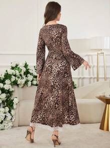 Modelyn Women's Long Leopard Print Lace Patchwork Flared Elegant Dress - Multicolor - View 2