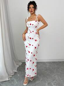 Elenzga 女士细肩带系腰简约修身长裙 - 白色 - 查看 6