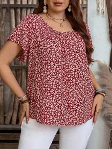EMERY ROSE Blusa casual de manga corta con estampado floral todo sobre para mujer de talla grande, estilo bohemio para mujeres/verano, atuendos para vacaciones - Rojo - Ver 7