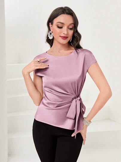 Modelyn 女士纯色圆领短袖系带休闲衬衫