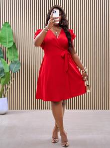 Slaydiva Plus Size Red Double Ruffle Wrap-Style Tied Side Waist Fit & Flare Summer Vacation Dress - Red - View 3