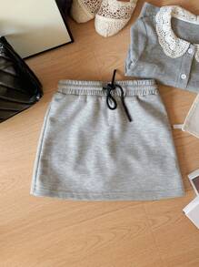 DAZY Young Girl Short Simple Drawstring Waist Casual Skirt, Solid Color Fall/Winter - Grey - View 5