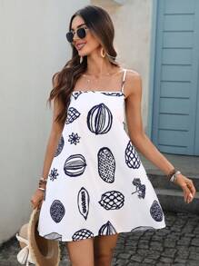 Vivid Eden Gewebtes bedrucktes Minikleid mit Spaghettiträgern für Frauen