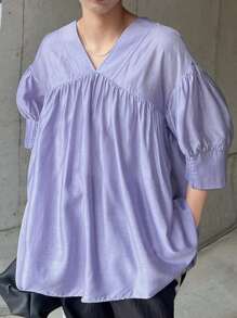 FRIFUL Women's V-Neck Puff Sleeve Blouse, Purple, Summer Clothing,Ruffle