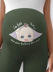 SHEIN Maternity Cartoon Print Basic Leggings, Casual Daily Wear - Army Green - View 6