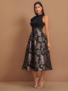 Modelyn Exaggerate Ruffle Trim Jacquard Combo Dress - Multicolor - View 5