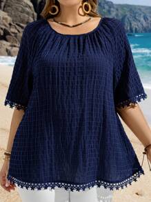 EMERY ROSE Plus Size Women Crew Neck Loose Casual Short Sleeve Shirt,Concert Women,Easter Women,Easter Women,Country Concert, Western Wear Women,Boho Chic,Boho Women,Summer For Women Tunic Top - Navy Blue - View 3