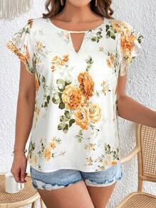 SHEIN VCAY Plus Size Women's Holiday Floral Print Ruffle Sleeve Casual Blouse - Orange - View 3