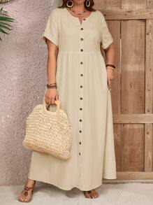EMERY ROSE Plus Size Summer Countryside Round Neck Single-Breasted Casual Summer Dress, Suitable For Vacation