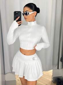 SHEIN ICON 白色女士服装纯色 Y2k 外出开衫上衣和褶腰不对称裙子套装，日常穿着，运动风格 - 白色 - 查看 5