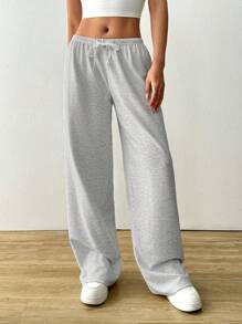 SHEIN EZwear Soft Knit Loose Fit Pants, Suitable For Home Wear, Autumn/Winter - Light Grey - View 3