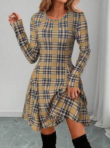SHEIN LUNE Robe mini évasée à col rond avec imprimé à carreaux, élégante et décontractée, convenant pour l'automne/hiver