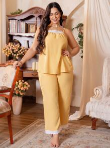 大码蕾丝拼布吊带背心睡衣套装